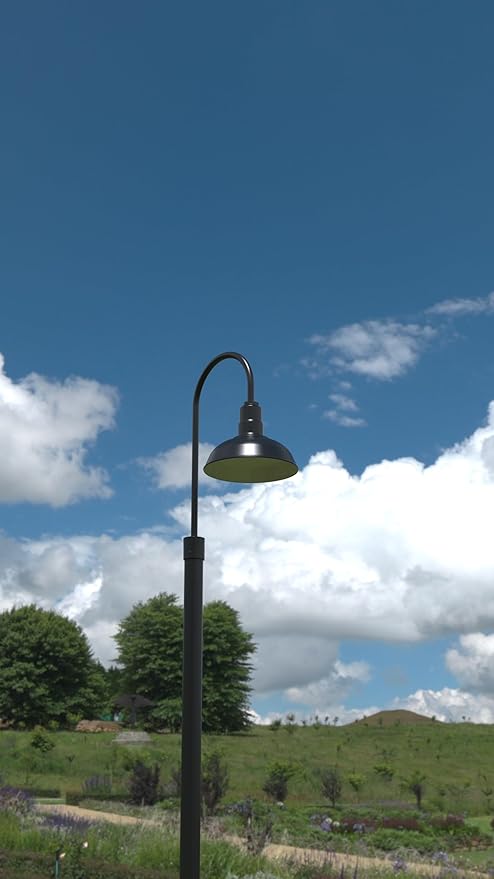 Steel Lighting Co. Hawthorne Light | Outdoor Pole Top Mounted | 8" Dome | Upslope Gooseneck with Slip Fitter for 2-3/8" Standard Poles | Made in America | Matte Black Exterior/Brass Interior
