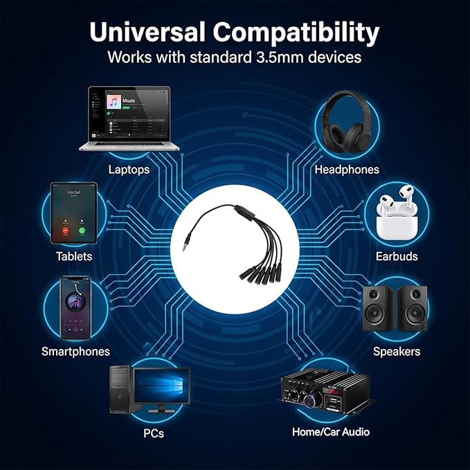 Xyembu 3.5mm Headphone Splitter, 1/8inch TRRS Male Stereo Jack to 6 Female, Headphone Headset Extender Cord, 3.5mm Splitter 1 to 6 Ways for Earphone, Headset, Laptop, Phone