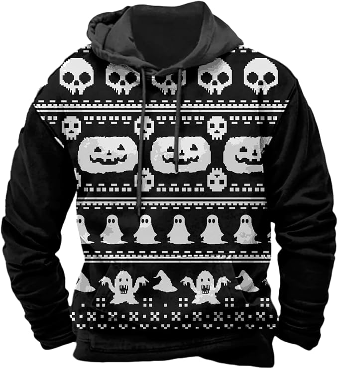 Halloween Hoodie Men Graphic Pumpkin Ghost Printed Sweatshirt Casual Trendy Long Sleeve Halloween Hooded Tops with Pockets
