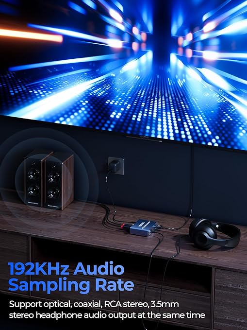 192KHz HDMI ARC Audio Extractor with Optical Cable ARC Converter HDMI ARC to Optical TOSLINK SPDIF Coaxial, RCA+3.5mm Jack L/R Stereo, Audio Splitter for HDTV to Soundbar Amplifier Speakers headphones