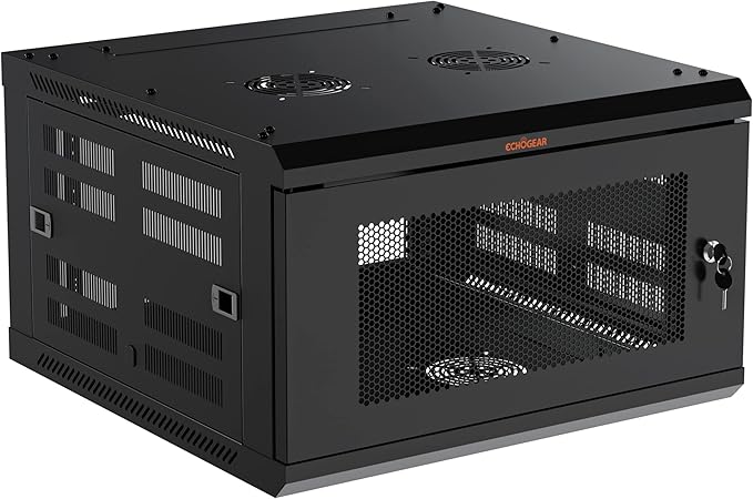ECHOGEAR 6U Network Rack - Enclosed Wall Mount Rack Kit Includes 2X 1U Shelves, Pre-Mounted Fan, Lockable Door & Hardware - 600mm Depth Fits All Your AV Gear