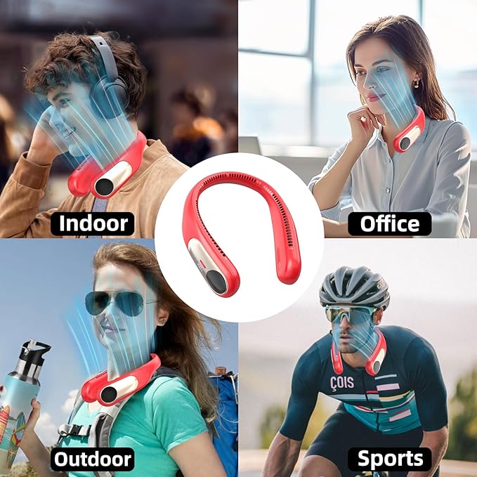 Portable Neck Fan,Personal Wearable Bladeless Fan,LED Display,4-Speeds,6000mAh USB Rechargeable,360° Strong Cooling Wind,Hands Free,White Elephant Gift,Christmas Gifts for Men Women Dad Mom (Red)