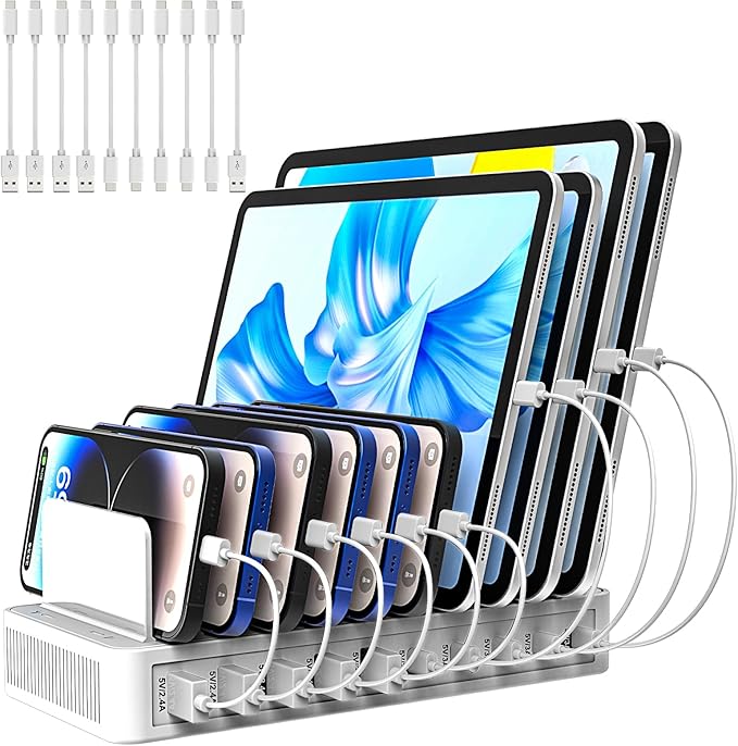 RISWOJOR Charging Station for Multiple Devices, 100W 10 Ports Charging Dock with 10 Cables Smart IC Tech and Adjustable Dividers Type-C，Multi USB Charger for iPhone Galaxy iPad Tablet，White