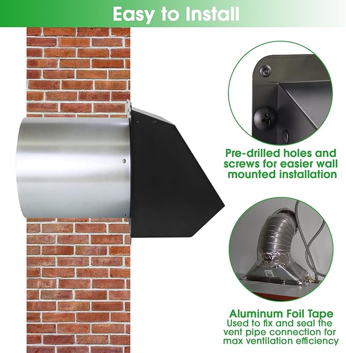 5 inch dryer Vent Cover Exterior Wall Vent Hood Outlet Airflow Vent Dryer exhaust vent with Screen and Damper,Outdoor Dryer Vent Cover cap for Range Hood/Kitchen Air Ventilation,Galvanized Steel,Black