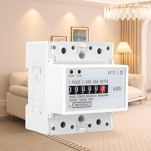 Electric Meter, Single Phase 4P LED DIN-Rail Electricity Power Consumption Wattmeter Energy Meter DDM75S 10 to 40A Digital Display