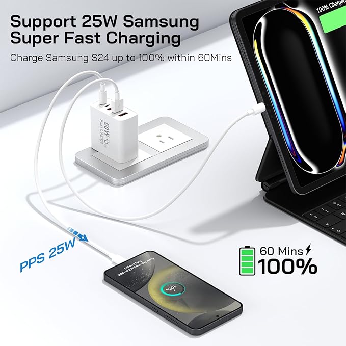 2Pack USB C Fast Charger Block, Total 60W 5-Port USB C Wall Charger 30W Type C Charging Block, 2USB C+3USB A PD 3.0 Multiport Charging Cube for iPhone 17 16 15 14 Pro Max, G-alaxy S25 S24 Ultra, i Pad