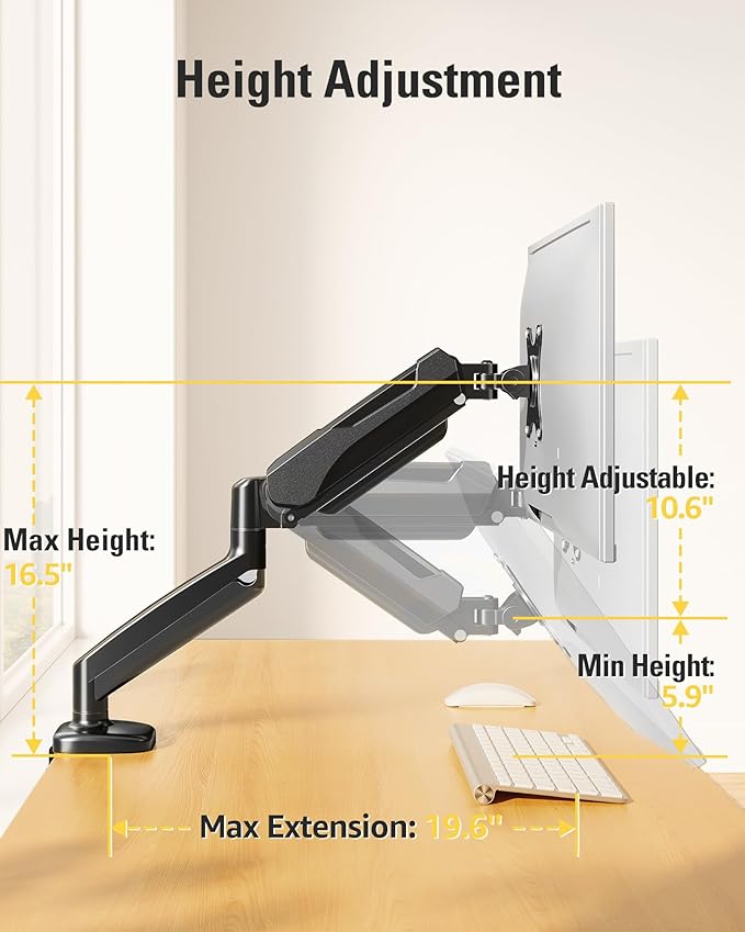 DreamAxis Single Monitor Mount, Gas Spring Monitor Arm for 17-32 Inch Computer Screens, Adjustable Monitors Stand for Desk, 75x75/100x100mm VESA Mount, with Clamp and Grommet Base, Holds 4.4-17.6lbs