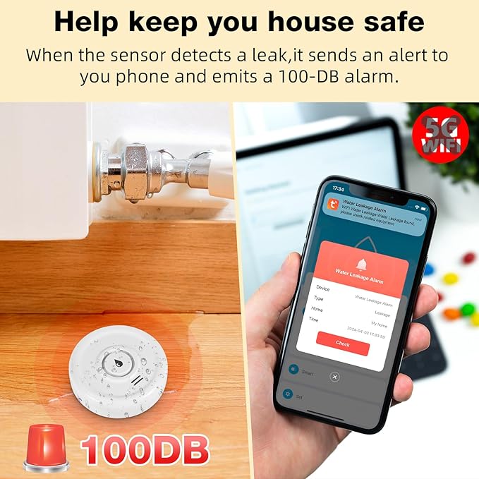 Douevo WiFi Water Leak Sensor, 100 dB Water Alarm Leak Detector, for Home, Basement, Bathroom, Kitchen(3 Pack)