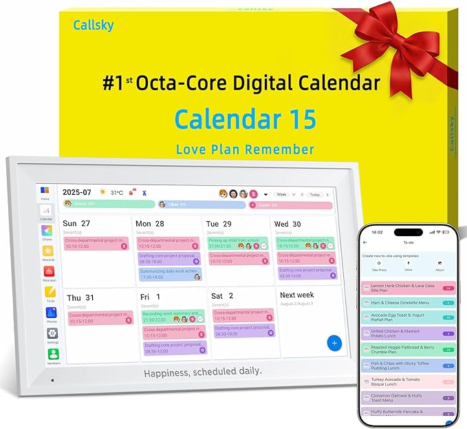 Callsky-Tech 15.6 Inch Digital Calendar - Full HD IPS Smart Touchscreen Family Planner with Octa Core & 64GB, offering an Anti-Glare Electronic Calendar, Chore Chart, and Multi-Sync—Perfect Gift for Home & Family
