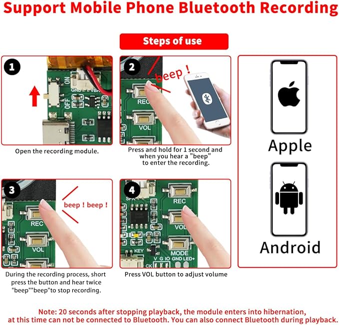 Bluetooth & MIC Recording Audio Sound Module, 8MB Voice Chips with Speaker,8 Min Easy Sound Recording Chip for Personalized Greetings, DIY Projects, Holiday Crafts ect-2P.