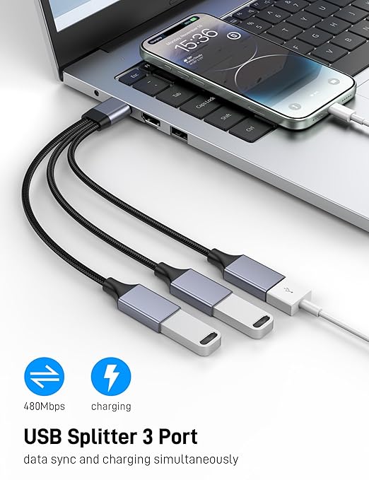 KAYQINHO USB Y Splitter 1 in 3 Out, USB Male to 3 Female Cable for PC, Tablet, Laptop, MacBook, Keyboard, PS4, PS5, Mouse, FlashDrive, LED, Etc.