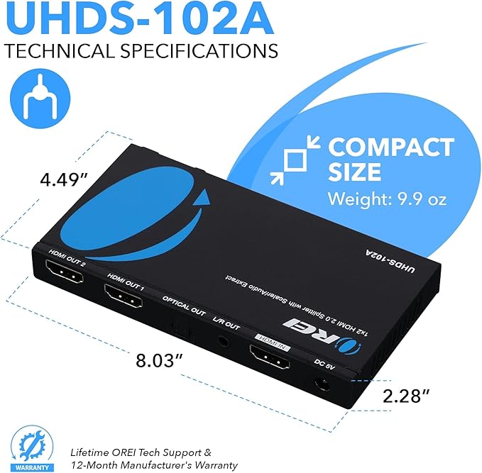 OREI 1x2 2.0 HDMI Splitter with Scaler Audio Extractor 2 Ports with Full Ultra HDCP 2.4K at 60Hz & 3D Supports EDID Control - UHDS-102A