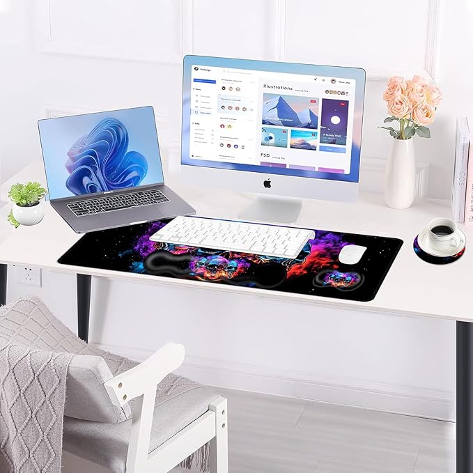 BFUKVOU Large Keyboard Mouse Pad Set, Extended Mouse Pad+Keyboard Wrist Rest Support, Memory Foam Ergonomic Easy Typing, 4Pcs (31.5×11.8 in) Desk Pad Set for Office Home,Smoke Skulls