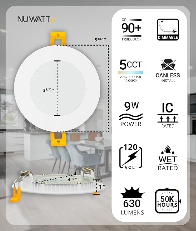 NUWATT 12 Pack, 4 Inch Ultra-Thin LED Recessed Lighting, 5CCT 2700K/3000K/3500K/4000K/5000K Selectable, 630LM, 9W, IC Rated, Dimmable Slim Panel Light, White Trim Canless Wafer with Junction Box, ETL