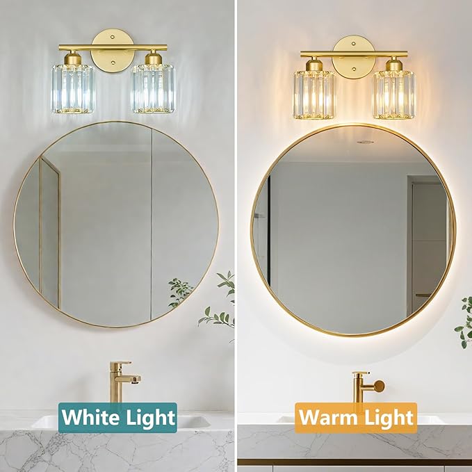 FDPBY Modern 2 Light Crystal Vanity Light, Gold Vertical Bathroom Light Fixture Over Mirror for Dressing Table Sink, Compatible with Dimmable Bulbs (Bulbs Not Included)