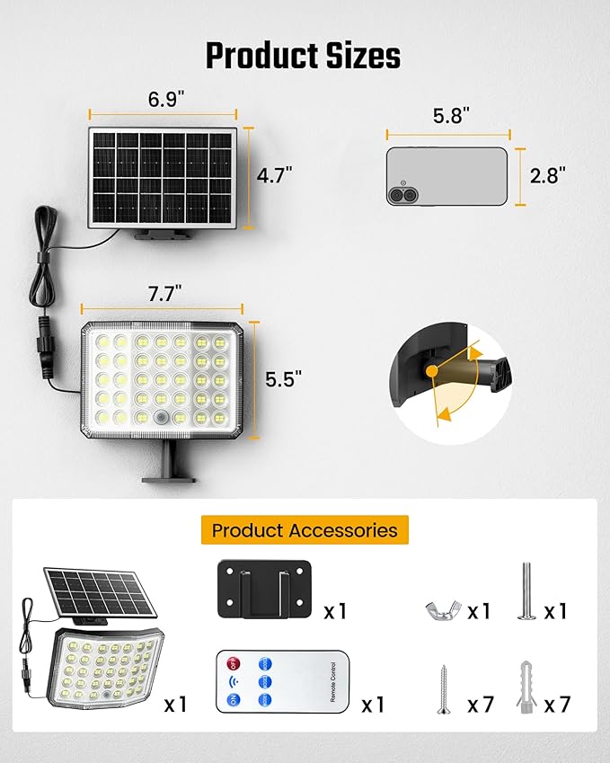 ONLYWIN Solar Lights Outdoor Bright Solar Dusk to Dawn Light with 3000mAh Battery, IP65 Waterproof Remote Control Outdoor Light, 3 Working Modes for Garage, Porch, Patio, Shed, 1-Pack