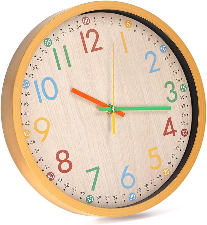 bakbrand Kids Wall Clock Silent Non-Ticking Colorful Childrens Clock Round Decorative Wall Clocks for Classroom, School, Office, Bedroom, Living Room, Kitchen (Oak, 12 inch)