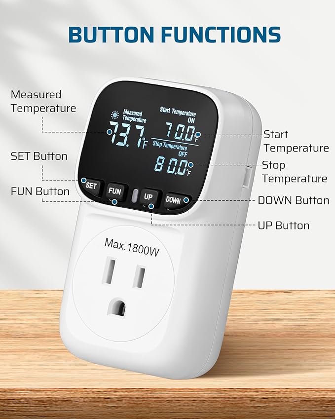 DEWENWILS Digital Temperature Controller, 2 Pack15A/1800W Thermostat Outlet Plug, VA Display Heating Cooling Control Timer, -40℉~210℉, Cyclic Timing/Countdown, for Greenhouse Incubator Homebrew