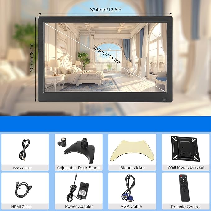 Suprlipy 13.3 inch FHD Small IPS Monitor LCD Display Screen 1920x1080 60Hz 16:9 with BNC VGA AV Input Built-in Lounspeakers for CCTV Security Camera DVR PC RasPi