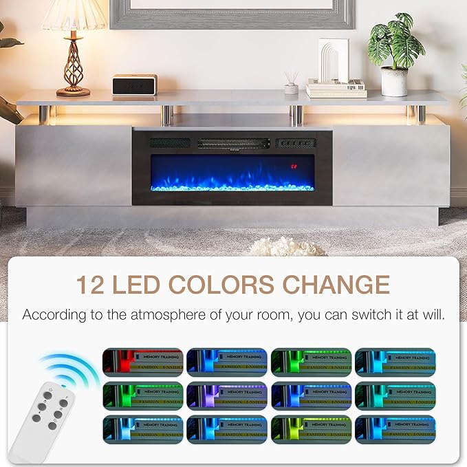 oneinmil Fireplace TV Stand with 36” Electric Fireplace, 80” 2 Tier TV Console Stand for TVs Up to 90", LED Light Entertainment Center, Fireplace for The Living Room TV Stand, Gray
