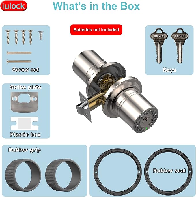 iulock Smart Door Knob with Keypad and Key,Keyless Entry Door Lock with Rubber Grip, Auto Lock,50 User Code,Waterproof, Easy to Install and Program for Bedroom(Stain Nickel Same Key 2 Pack)