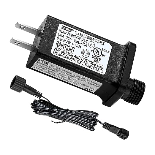 24V 0.25A LED Controller with Extension Cord, Replacement Model JT-DC240V025-C Class 2 Power Supply IP44 LED Light Controller Low Voltage Transformer for Halloween Christmas Holiday String Light