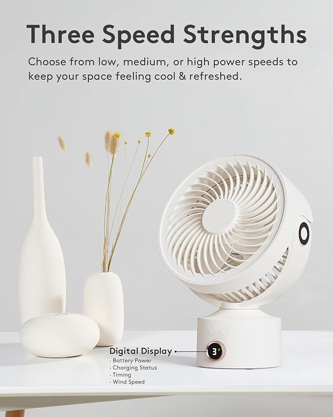 CARONSORT Small Desk Oscillating Fan, Table Air Circulator Fans for Bedroom, Rechargeable Battery Operated with 3 Speeds, Mini Fan 9 Inches, 90° Adjustable Tilt, 30 db Low Noise, White