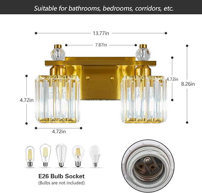 FDPBY Gold Bathroom Vanity Lights Crystal Vanity Light Bathroom Lighting Fixtures 2 Light Modern Vanity Lighting Fixtures