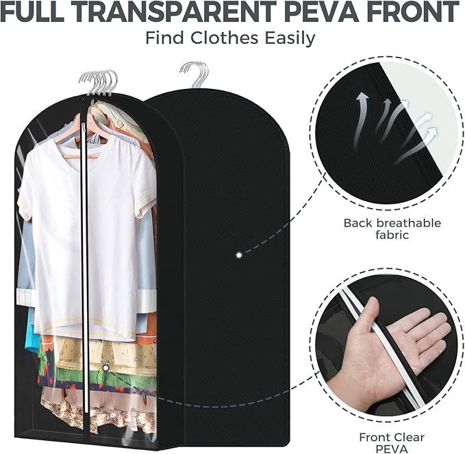 6 Pcs 60" Garment Bags for Hanging Clothes, Clear Suit Bags for Closet Storage Clothing Storage, Garment Bags Shoulder Covers with 4" Gussets for Coats, Jackets, Shirts and Sweater Black