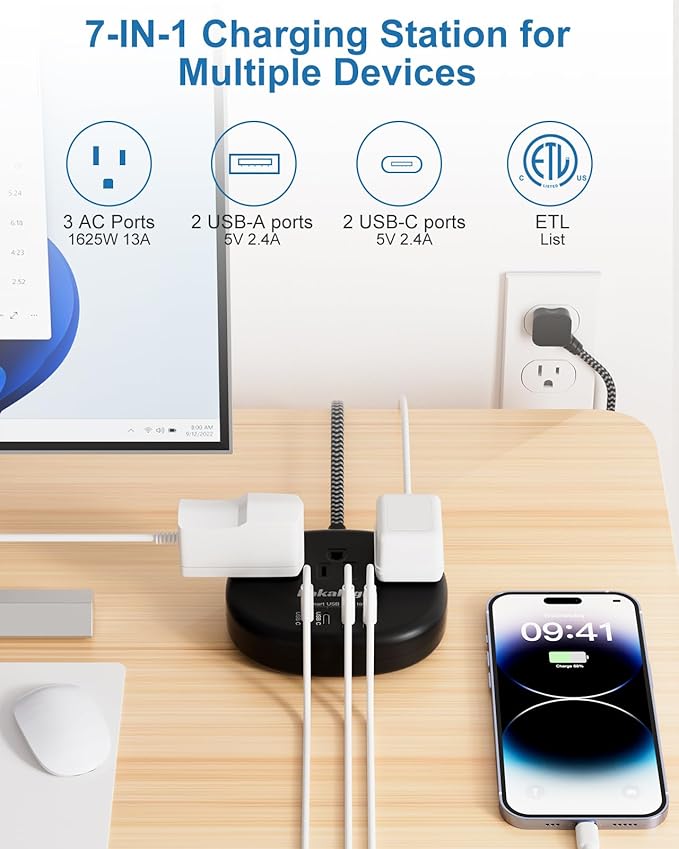 Short Extension Cord Black - Extension Cord 5 Feet, 1625W Power Strip 3 Prong with 3 AC Outlet 4 USB (24W/4.8A), Bedside Charging Station for Home, Office and Dorm