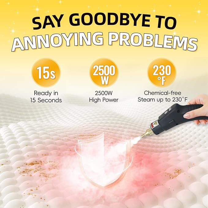 Heavy Duty Handheld Steam Cleaner, 15s Heat-Up, 9-Level Adjustable 2500W Pressurized Steamer for Cleaning with 14 Accessories, Multipurpose Portable Steam Cleanr for Home, Car, Grease, Grout（Yellow）