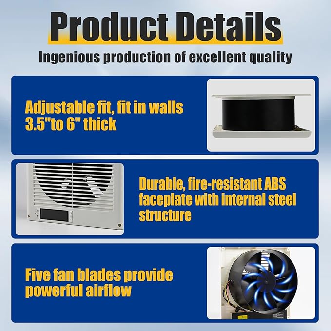 Thiadrs Room to Room Fan 8" Air Vent Fan, 10-Speed Quiet Airflow Through-the-Wall Fans, 380CFM, EC Motor In-Wall with Temperature and Timer Setting for for Laundry, Kitchen and Workshop