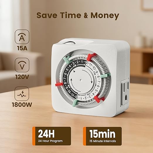 SURAIELEC Mechanical Timer with 2 Grounded Outlets, Indoor Electrical Plug in Timer with Trippers, 24-Hour Programmable and 3 Prong for Christmas Decorations, Plant Lights, Fan, 15A, White, 2 Pack