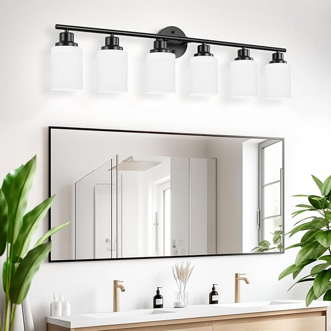 Guliaofo 6-Light Bathroom Light Fixtures, Vanity Lights for Mirror with Textured Milky White Glass Shade, E26 Base Modern Kitchen Light Fixtures Wall Sconce Light - Black