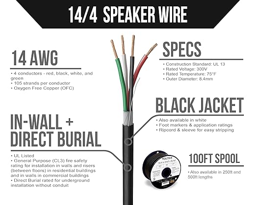 Voltive 14/4 Speaker Wire, in-Wall CL3 & Direct Burial, Black, 100ft - 14AWG, 4 Conductors, Stranded Oxygen-Free Copper, UL Listed - V-1209-1