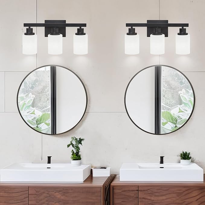 DIKAIDA 3-Light Bathroom Light Fixtures Over Mirror, Modern Matte Black Vanity Lights with White Frosted Glass Shade, Bathroom Wall Lamp Sconces for Mirror Bedroom, Living Room Hallway
