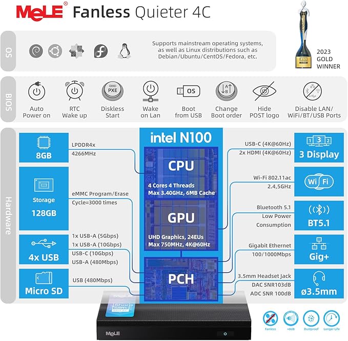 MeLE Mini PC Quieter 4C - 12th Gen N100, Fanless PC, 8GB Memory, 128GB Storage, 2.4/5G Wi-Fi, Full-Functional USB-C, 4K Triple Display Desktop on Home, Office, Education, Astrophotography