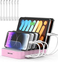 MSTJRY Charging Station for Multiple Devices : 5 Port Multi USB-A Charger Stations Multi-Device Organizer Charging Dock Designed for iPhone iPad Cell Phone Tablets (7 Short Cables Included), Pink