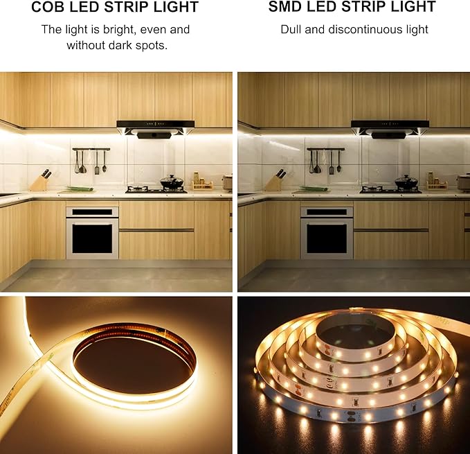 AXMOTUT COB LED Strip Light Warm White, High Bright LED Strips with 2400LEDs, RF Remote and UL Power Supply, 3000K Dimmable LED Lights for Bedroom, Kitchen, DIY Home Decoration