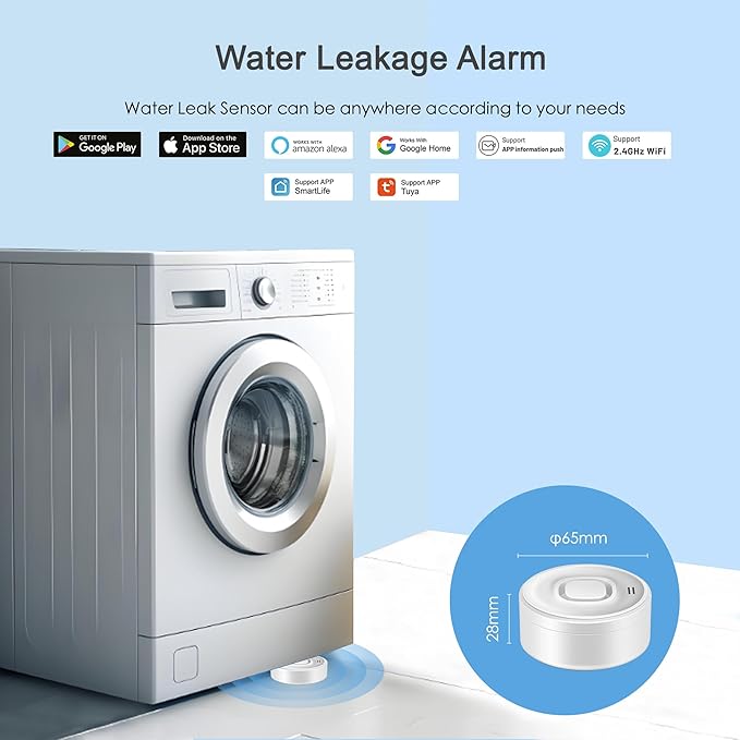 Wi-Fi Water Leak Detector: 100dB Water Sensor Alarm for Basement, Adjustable Alarm and App Alerts, Flood Leakage Detection Devices for Pipe/Drain/Sink/Faucet