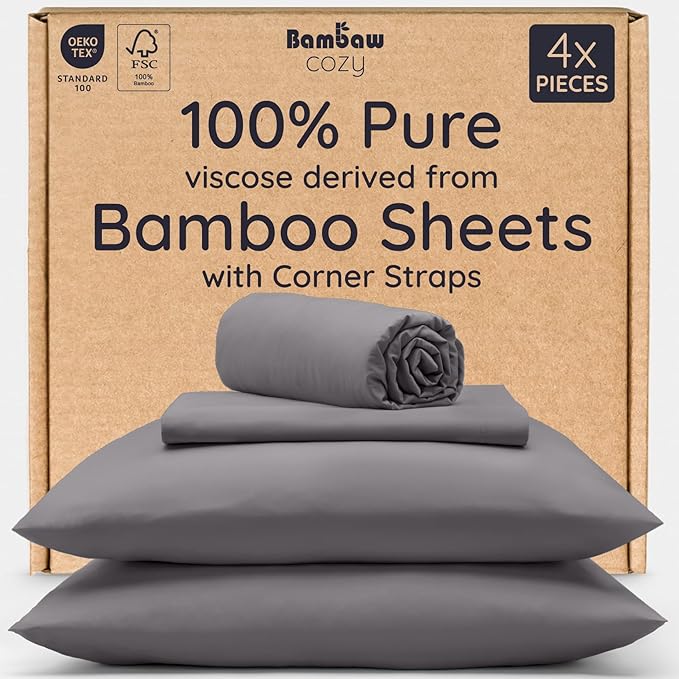 Bambaw 4pcs Full Size Sheet Set - 100% Viscose Derived from Bamboo - Cooling, Soft, Modern - Dark Gray