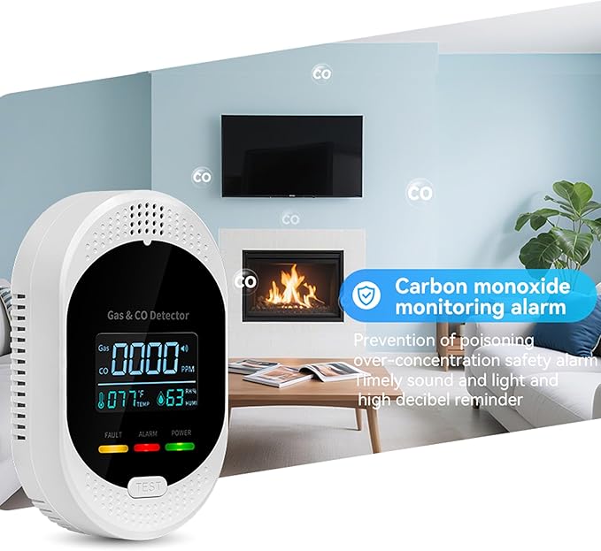 4-in-1 Carbon Monoxide & Natural Gas Detectors with Temperature/Humidity LCD Display, Plug in Co Leak Detector Propane Monitor for Home Travel RV Essentials, Sound Alarm Over 85dB, 1PCS