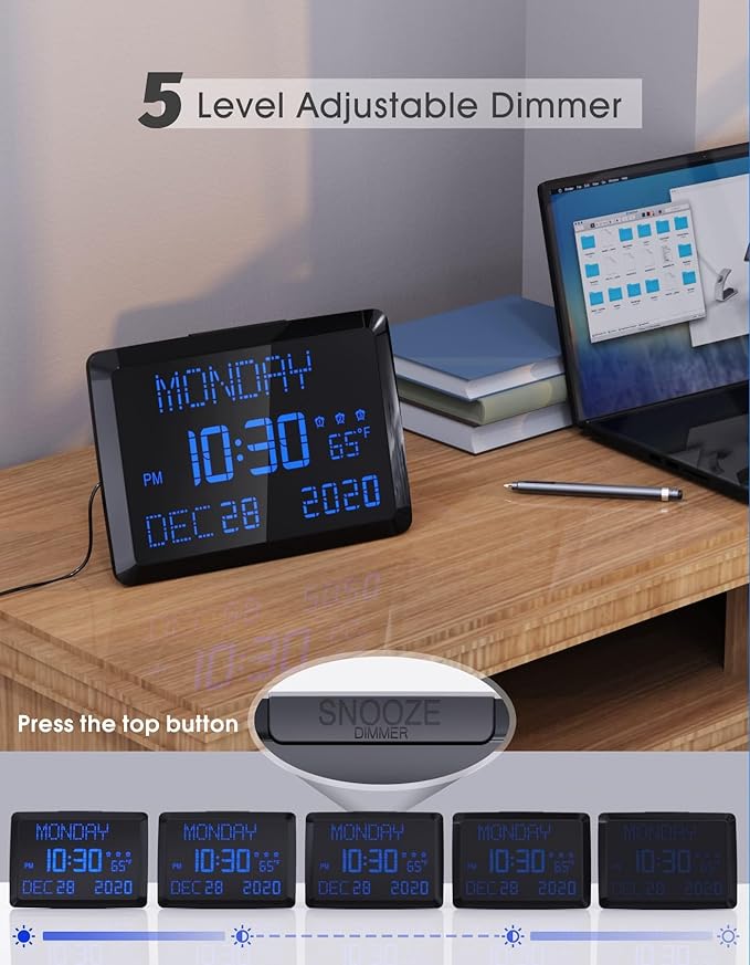 11.5" Large Display Digital Calendar Clock for Seniors, Digital Clock with Date and Day of Week for Elderly, 3 Alarms, 5 Dimmer, Temperature, Alarm Clock for Bedroom Living Room