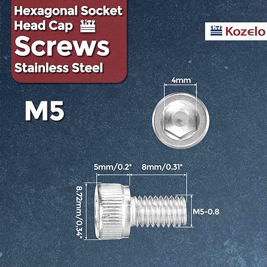 Kozelo 40pcs Socket Head Cap Screws - [M5-0.8 x 8mm] 304 Stainless Steel Allen Socket Drive for Electrical Motor 3D Printing Fan Engine Replacement Use, Silver