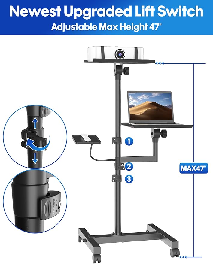 ORWOD Projector and Laptop Stand Tripod, 2 Shelves Mobile Laptop Tripod Stand, Max 47" Height Adjustable Laptop Cart on Wheels, Projector Floor Stand with Ventilated Tray for Podium, Meeting, Couch
