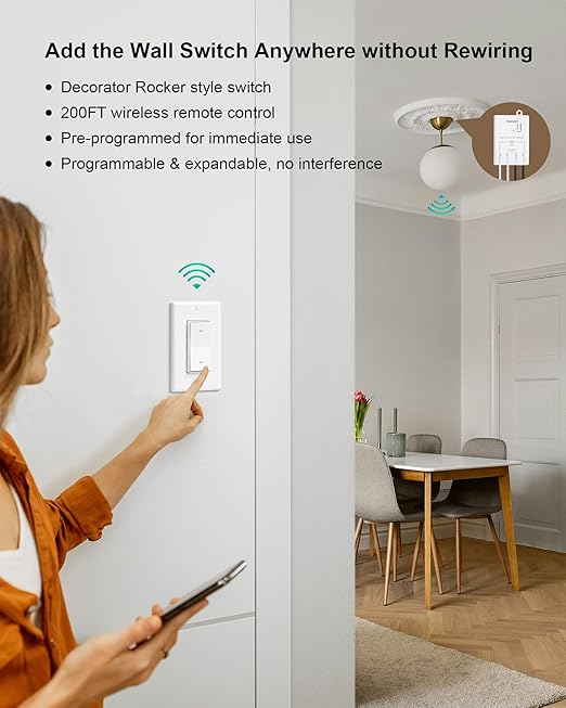 TREEWELL Wireless Light Switch and Receiver Kit, Decorator Rocker Wall Switch, 200FT Long Range RF Remote Control, No in-Wall Wiring Required, Programmable & Expandable for Ceiling Light, Fans, Lamps