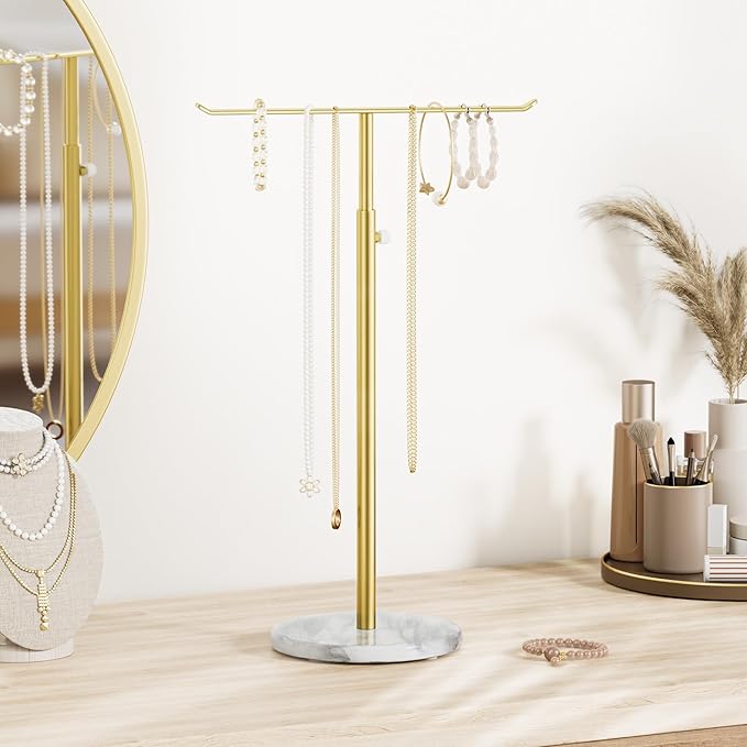 Josmimic Gold Necklace Holder Jewelry Organizer Stand – Adjustable Height T‑Bar Jewelry Display with White Marble Base, Necklace & Bracelet Holder, Countertop Jewelry Stand