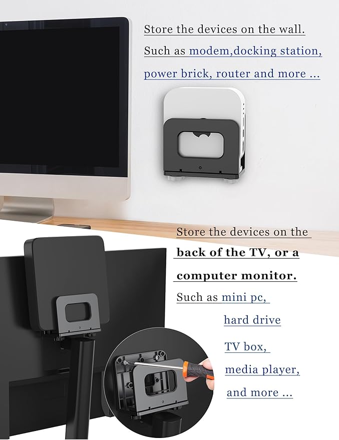 NOTMBESTM Adjustable Wall Mount Shelf Holder for Mini pc, WiFi Router, Modem, Universal Cable Box Mount Fit for Mac mini, TV Box, Media Players and Other Devices with Thickness Up to 65 mm (Black)