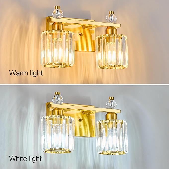 FDPBY Bathroom Vanity Lights 2-Light Gold Modern Crystal Vanity Light Fixtures Over Mirror Crystal Bathroom Vanity Lighting Fixtures
