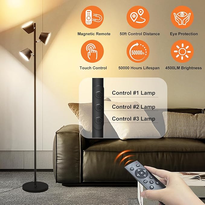 Pesken 42W LED Tree Floor Lamp, 4500 Lumens Dimmable Standing Lamp with Remote & Touch Control, Modern Super Bright 3 Rotatable LED Light Floor Lamps for Living Room, Bedroom, Office
